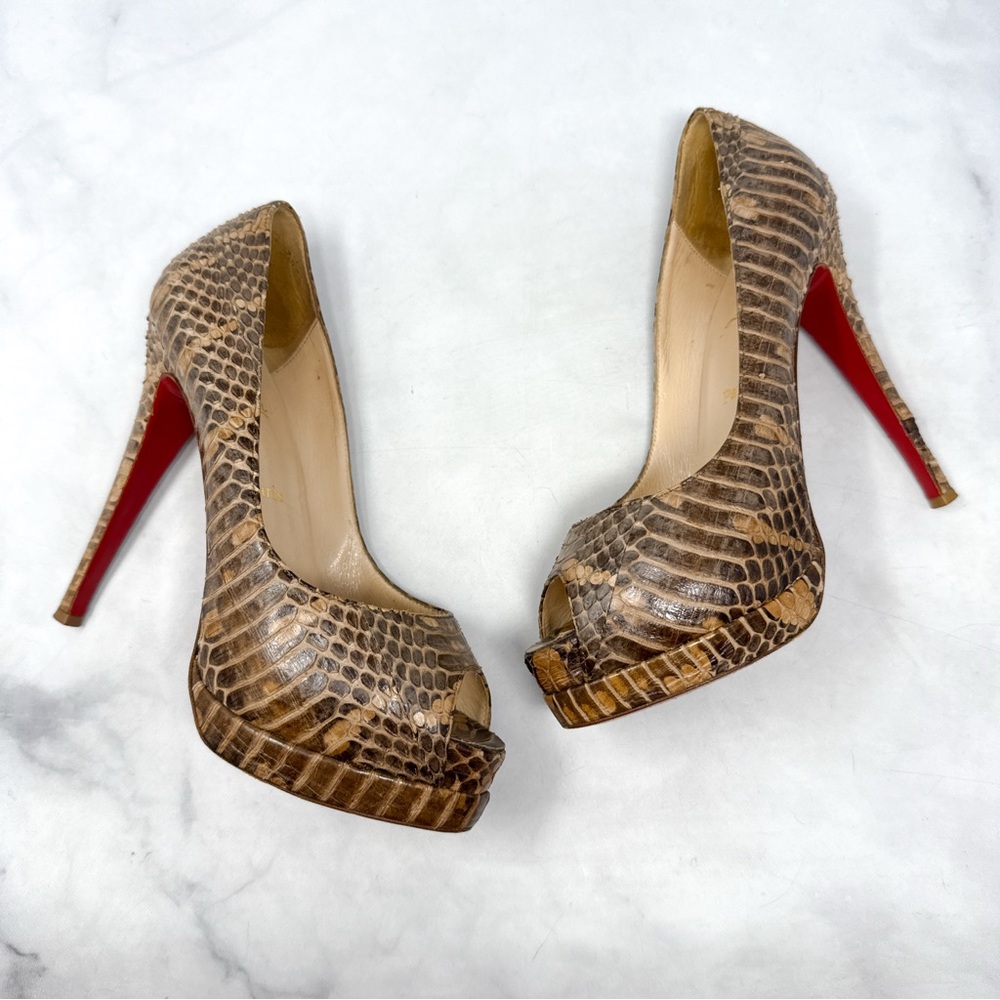 Christian Louboutin Altadama 140 Watersnake Open Toe Platform Heels Brown 38